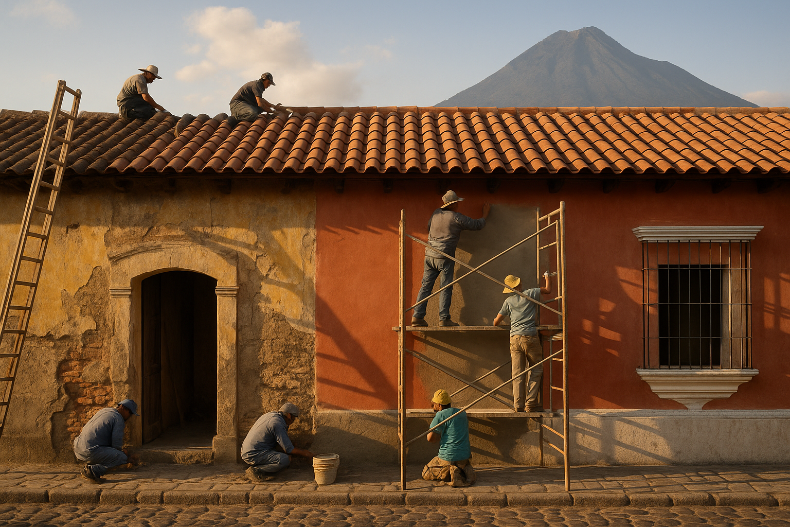 Colonial home renovation in Antigua Guatemala with workers restoring adobe walls and tile roof