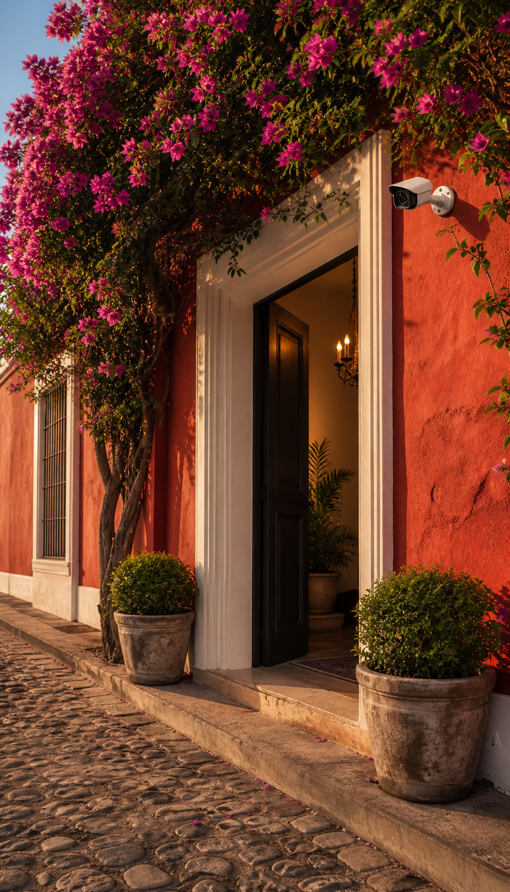 Colonial home entrance with security features in Antigua Guatemala
