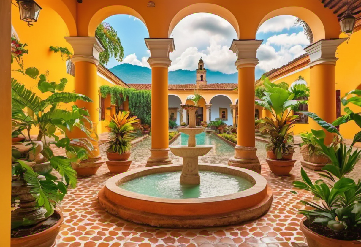 Beautiful courtyard garden of a colonial property in Antigua Guatemala with lush plants and stone pathways