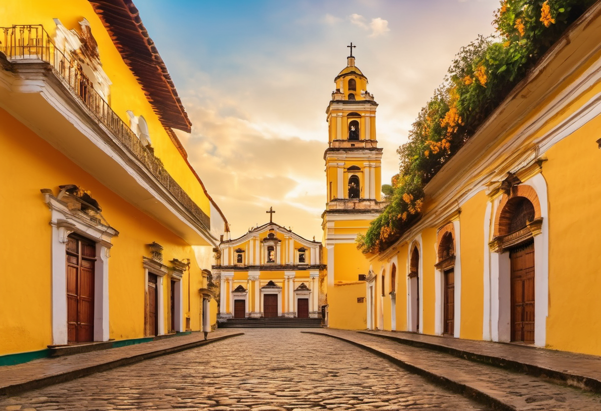 Colonial architecture and cobblestone streets in Antigua Guatemala near gated residential communities