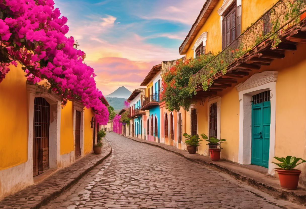 Colorful street scene in Antigua Guatemala with colonial buildings and locals walking on cobblestone streets