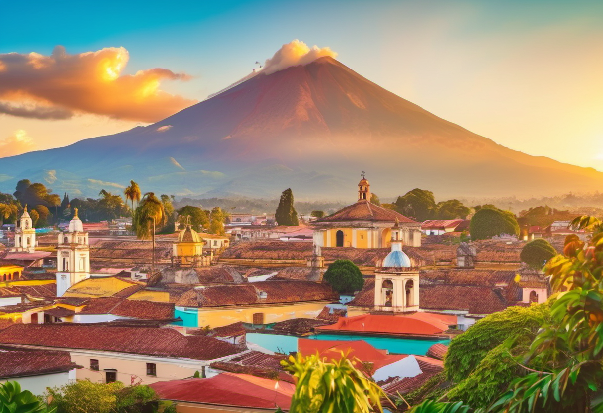 Colorful colonial buildings in Antigua Guatemala with Volcán de Agua rising in the background under golden light