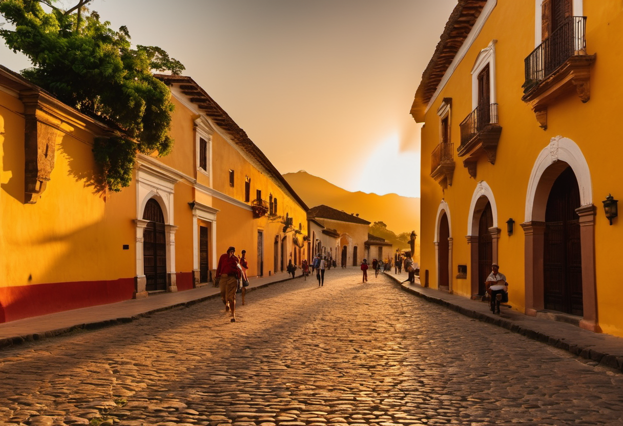 Golden hour light on a colonial arch in Antigua Guatemala