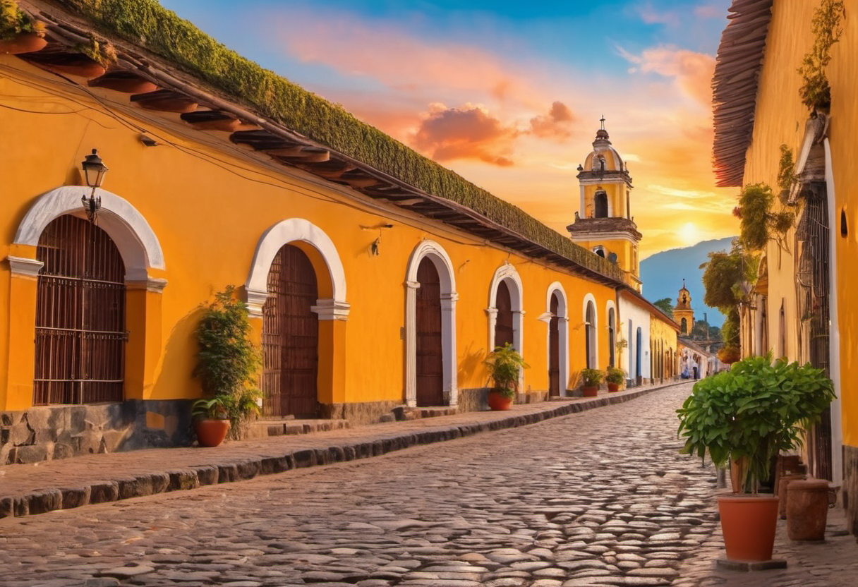 Colorful colonial archway at golden hour in Antigua Guatemala with Volcán de Agua in the background