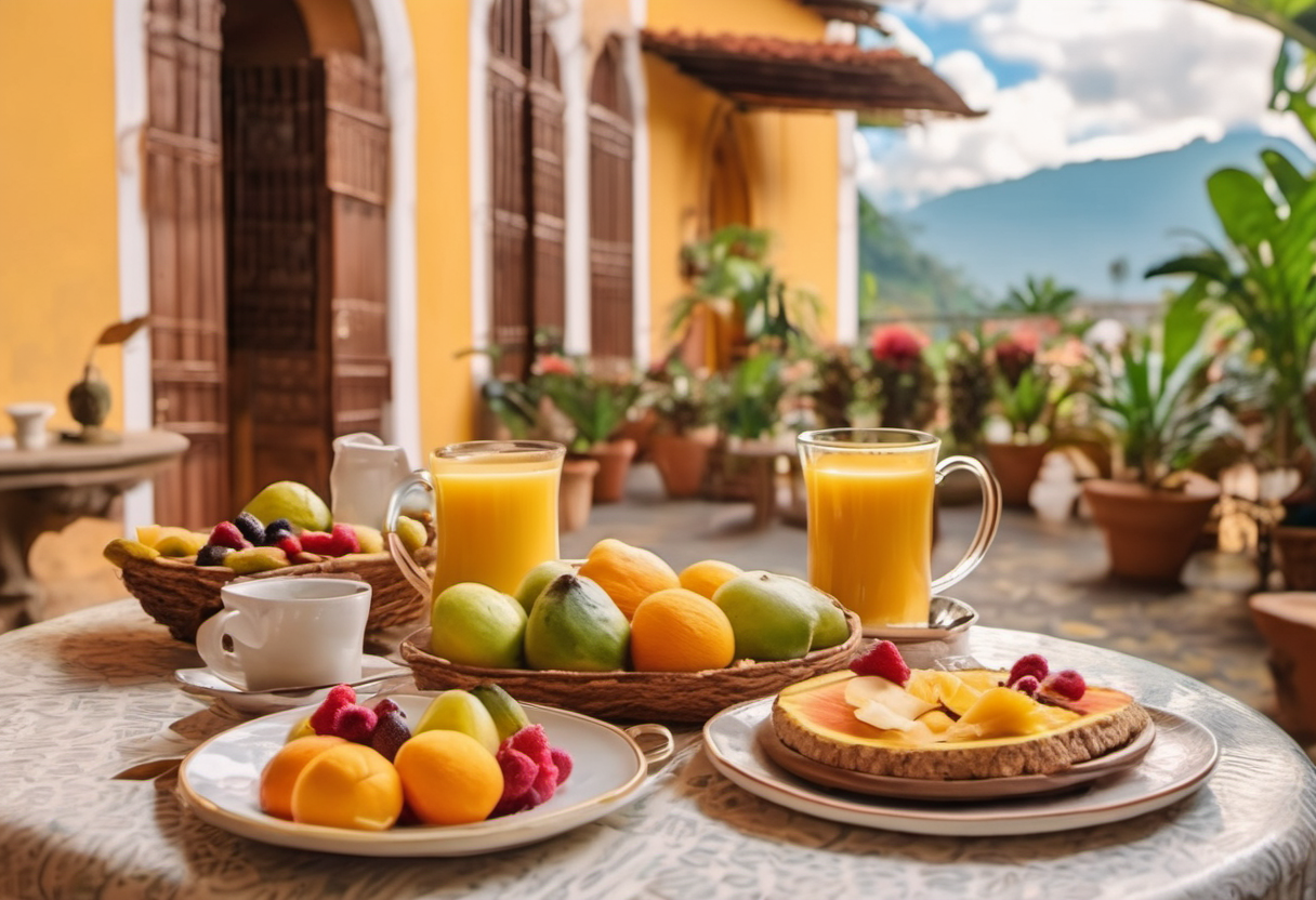 AI-generated breakfast terrace with warm golden light in Antigua Guatemala