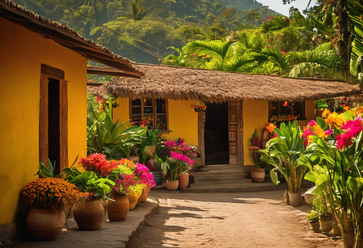 Colorful colonial entrance in Antigua Guatemala with ornate wooden doors and tropical plants