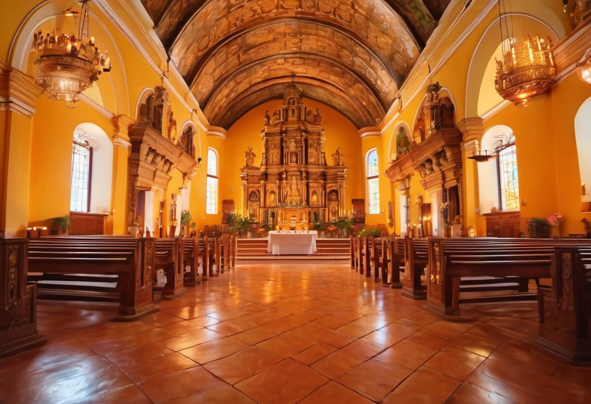 Colonial church interior in Antigua Guatemala with warm golden light filtering through stained glass