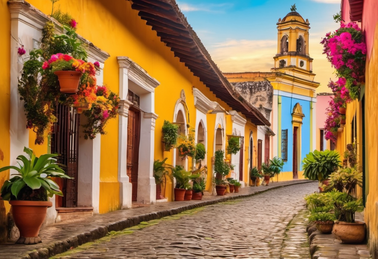 Cobblestone street in Antigua Guatemala with colonial buildings and soft golden light