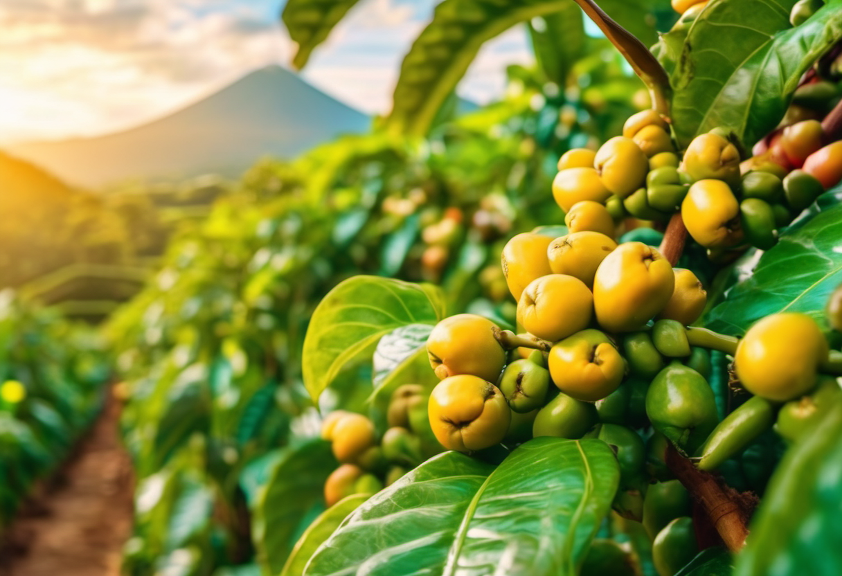 Colorful coffee farm landscape in the Antigua Guatemala highlands with volcanic views