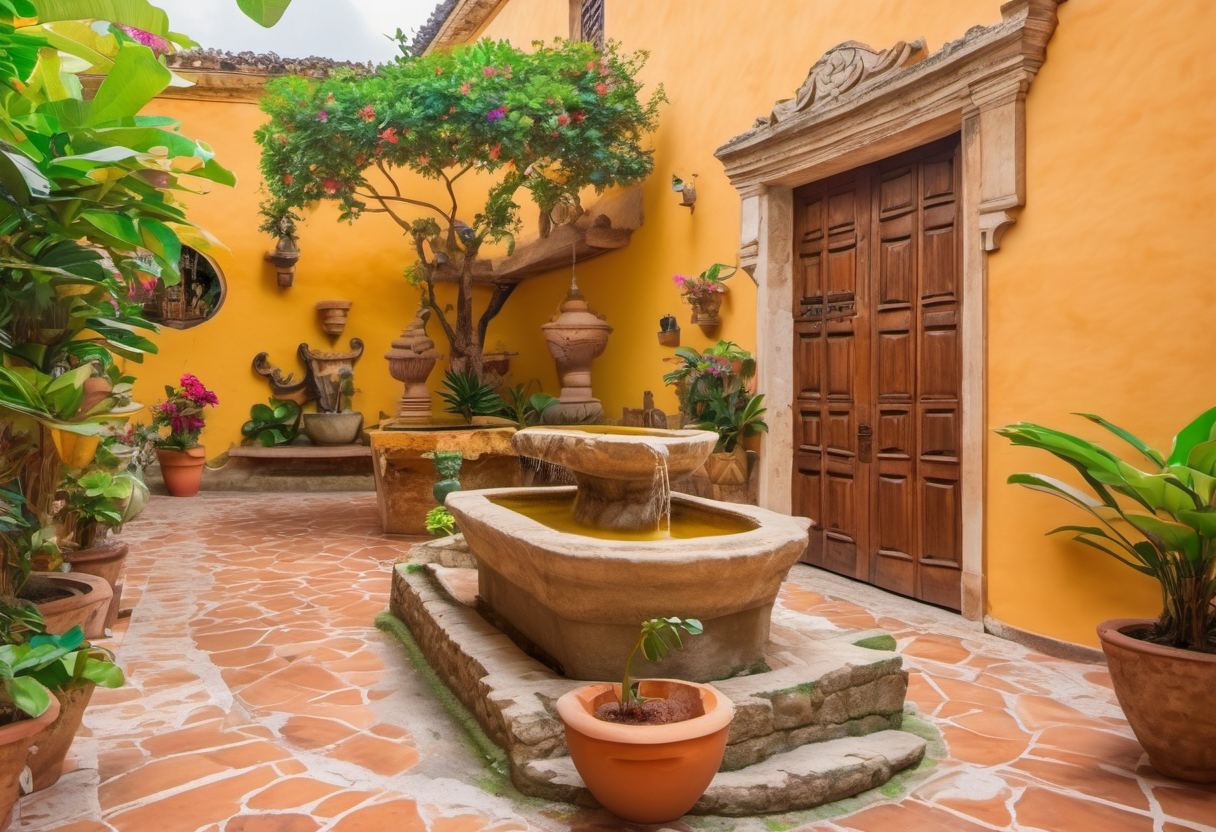 Colonial courtyard with stone fountain in Antigua Guatemala, warm golden light