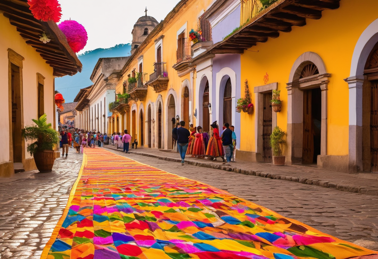Colorful Guatemalan festival with traditional textiles and flowers on cobblestone streets in Antigua Guatemala