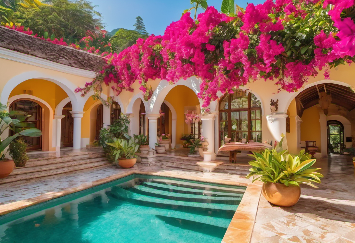 Lush garden courtyard with tropical plants and a pool at a colonial rental property in Antigua Guatemala