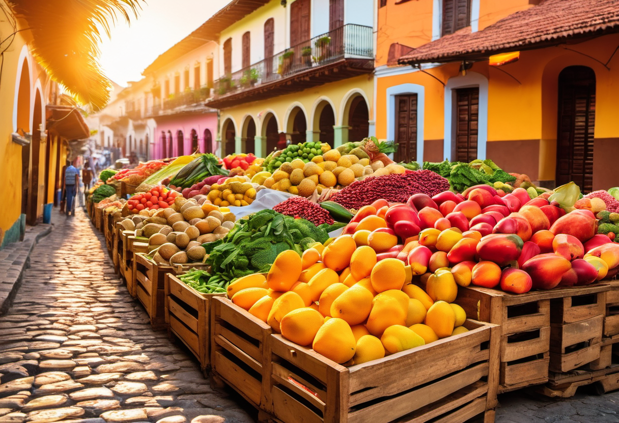 Colorful fresh produce market stall in Antigua Guatemala with tropical fruits and vegetables