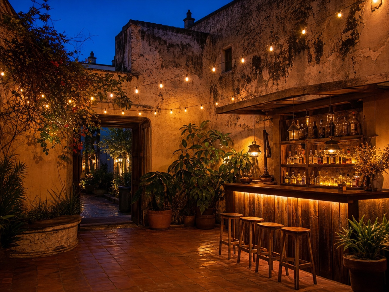 Blue-hour colonial courtyard bar in Antigua Guatemala with warm string lights, an illuminated wooden counter, and glowing amber bottles
