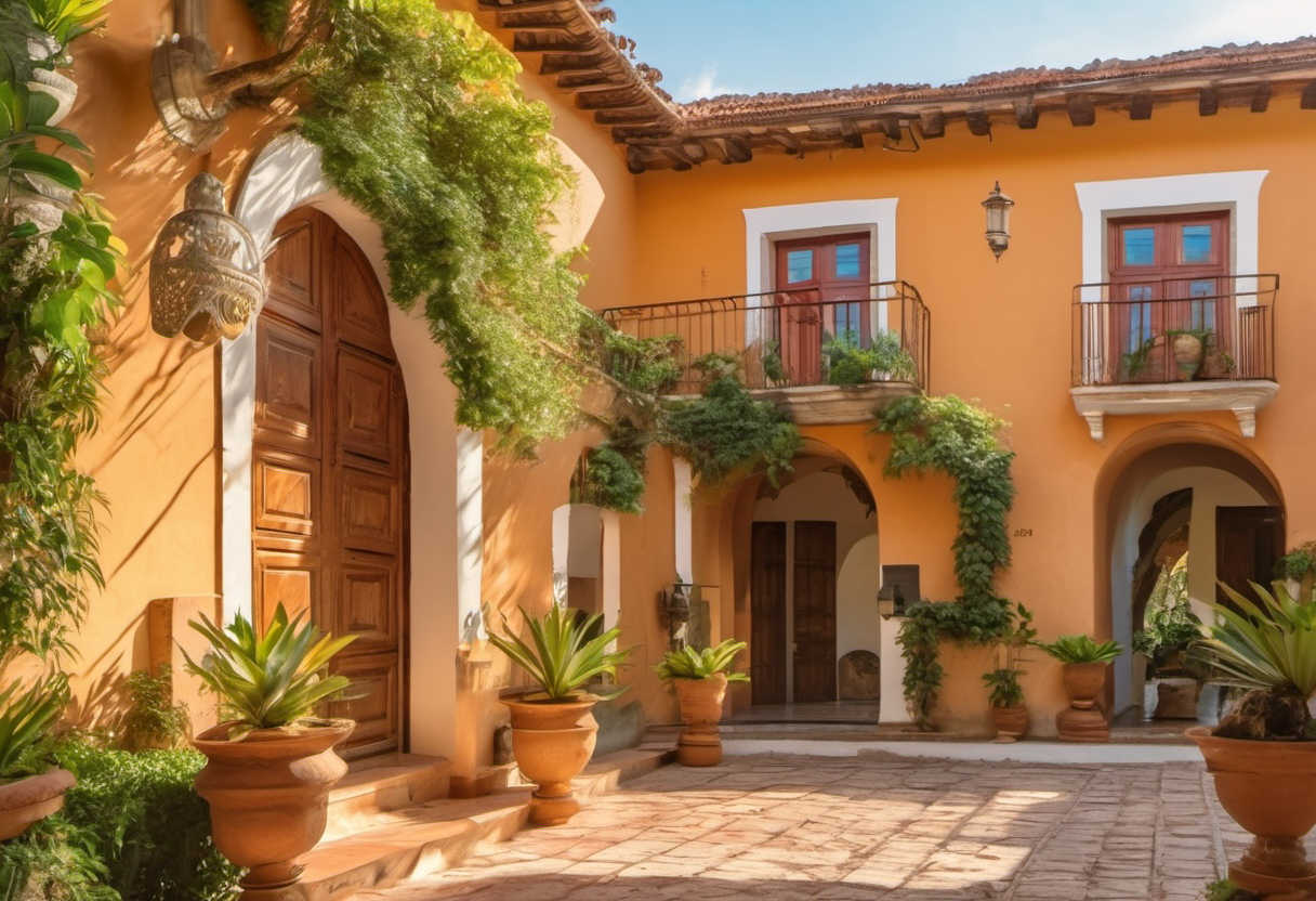 AI-generated colonial hacienda exterior in Ciudad Vieja near Antigua Guatemala with warm golden light and lush garden