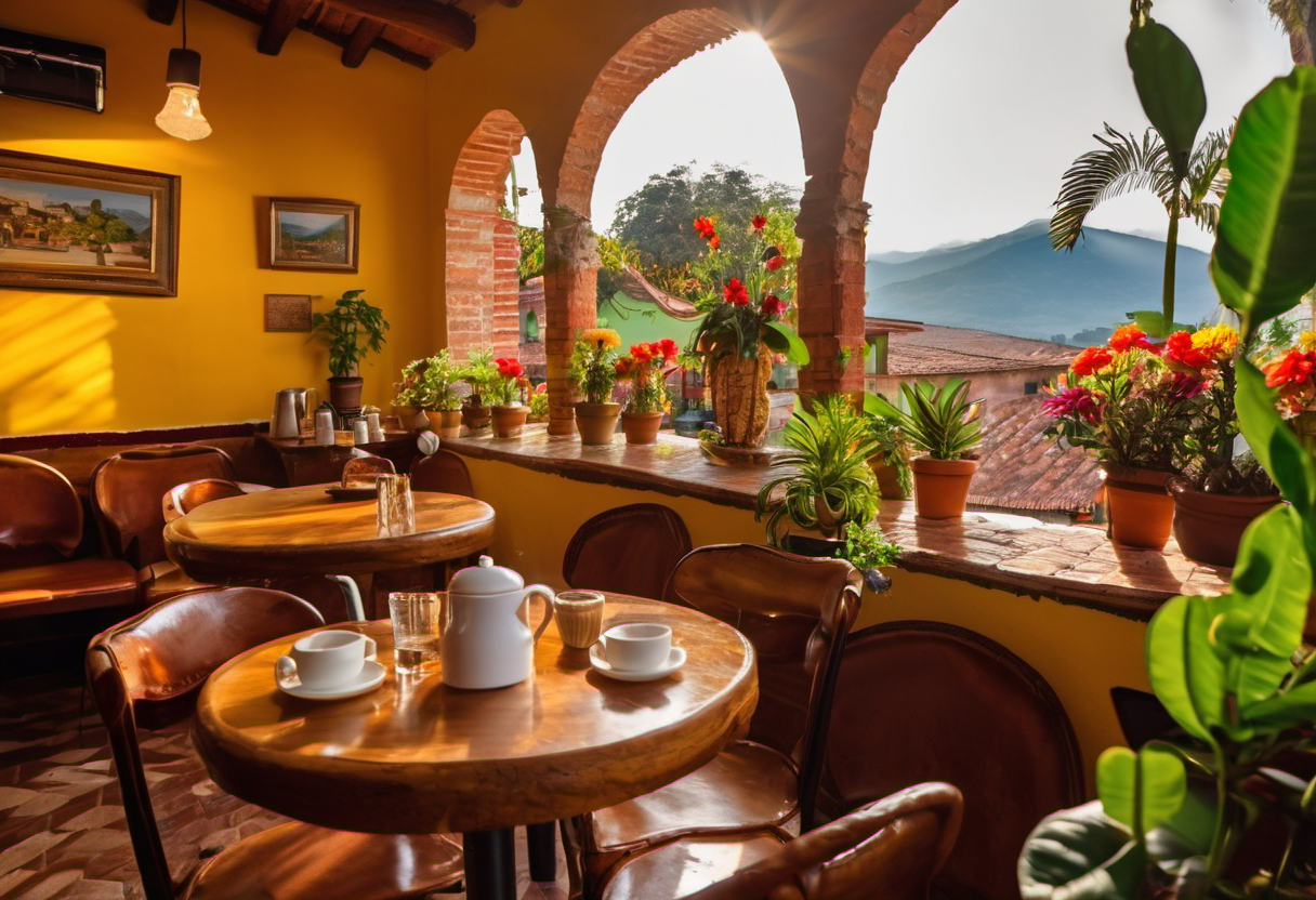 Colorful local cafe in Antigua Guatemala with warm golden light and colonial architecture