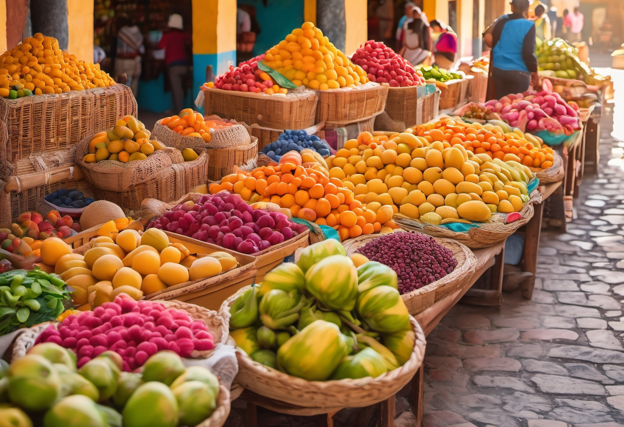 Colorful local market scene in Antigua Guatemala with fresh produce and warm golden light