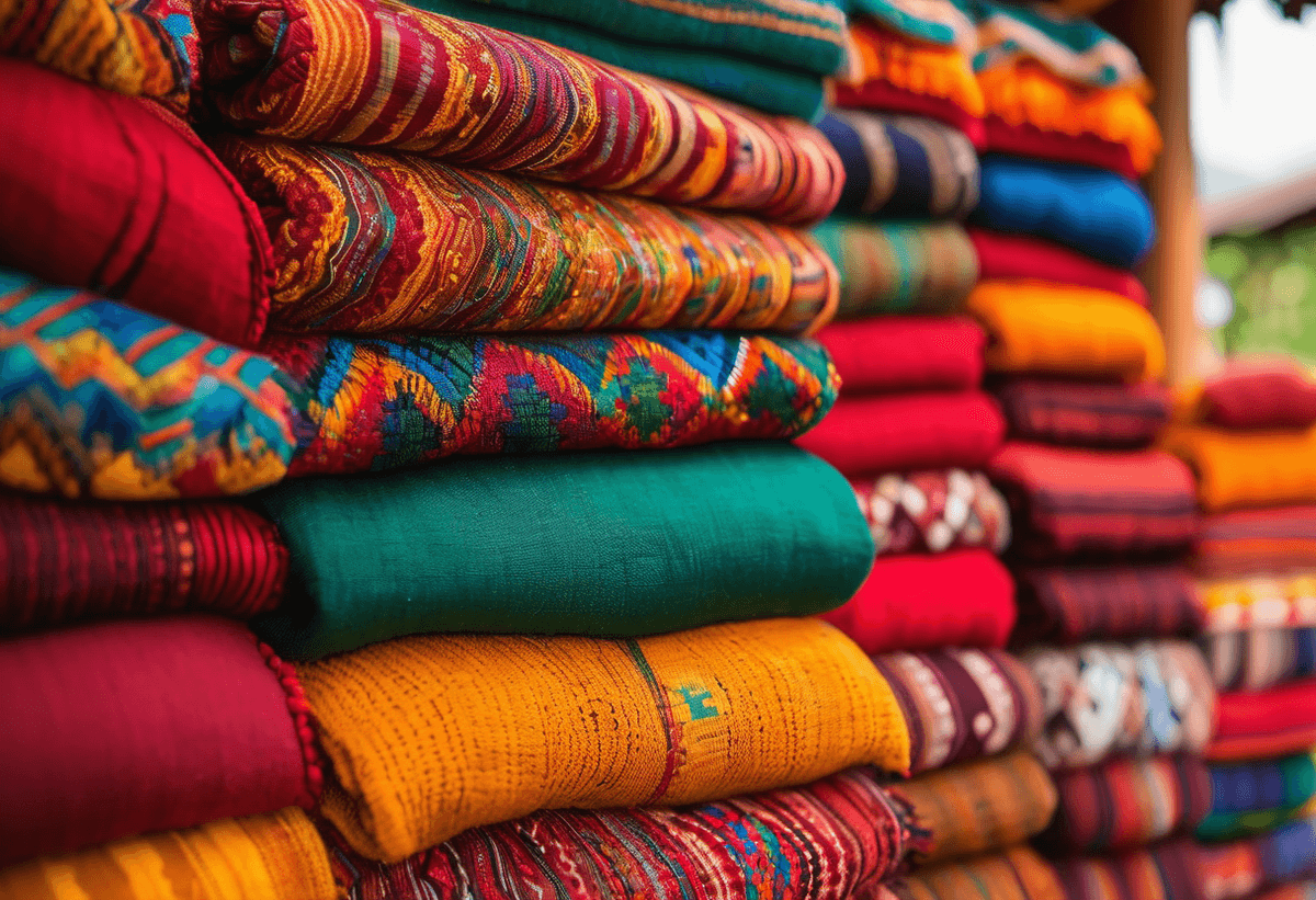 Colorful handwoven textiles and artisan crafts displayed at a traditional market in Antigua Guatemala