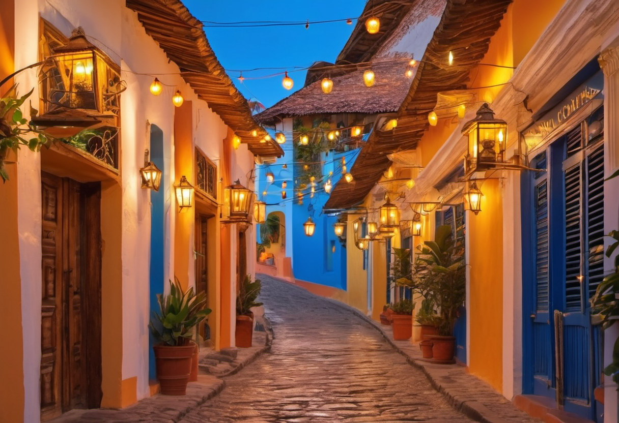 Antigua Guatemala village street with mountains and dramatic clouds at dusk