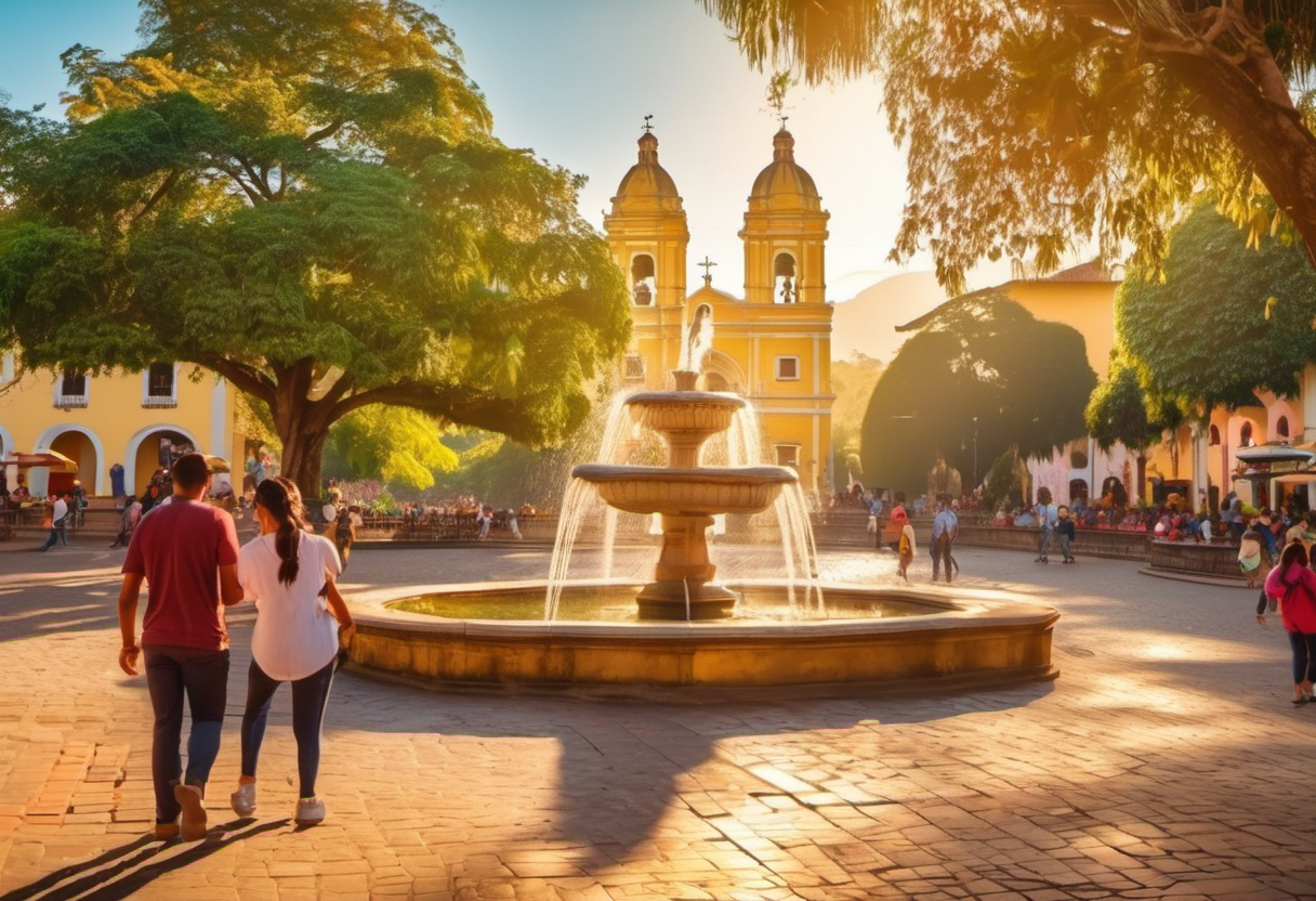 People gathering in a colorful park in Antigua Guatemala surrounded by colonial buildings and lush greenery