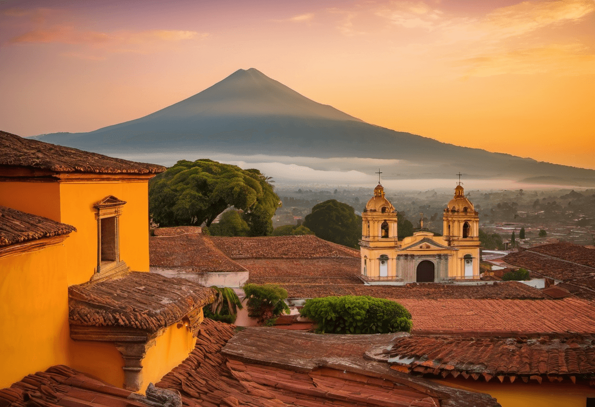 Morning coffee with a view of Antigua Guatemala rooftops and volcanoes