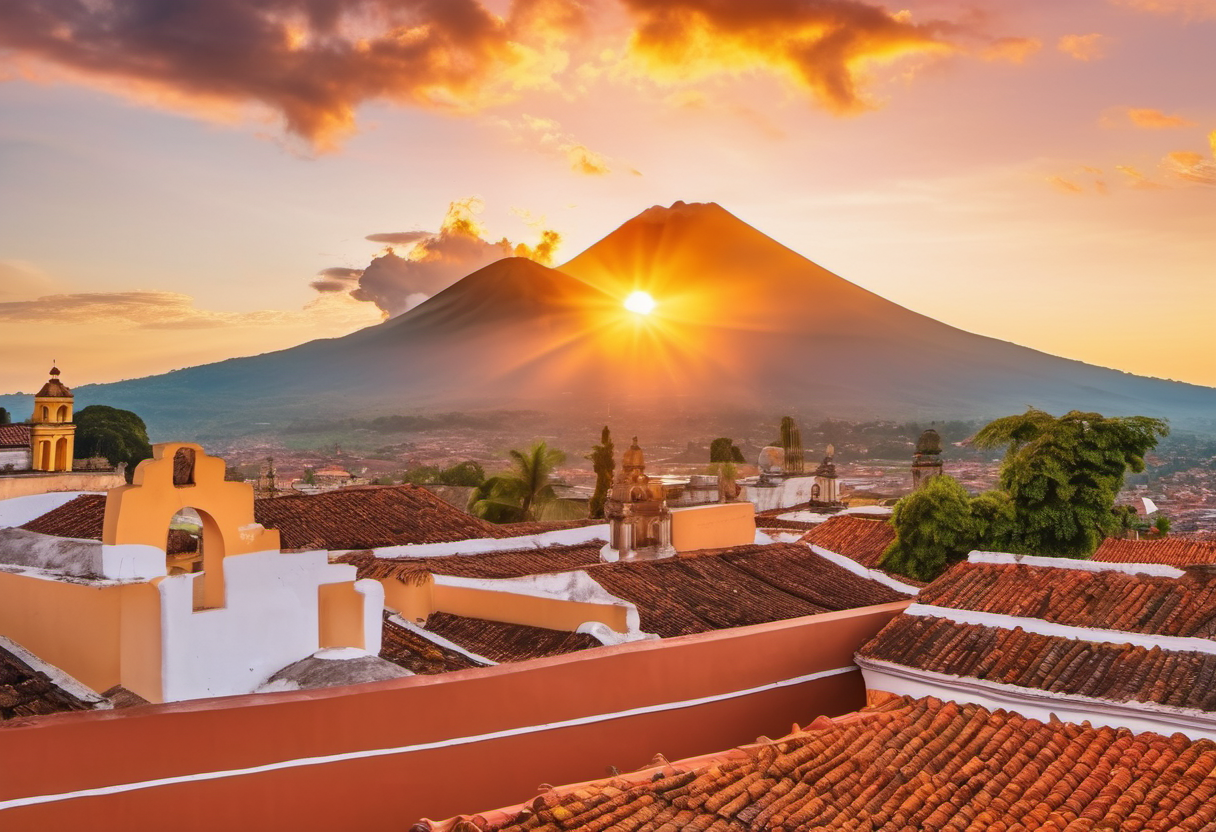 Rooftop terrace view of Antigua Guatemala with volcano and colorful colonial architecture