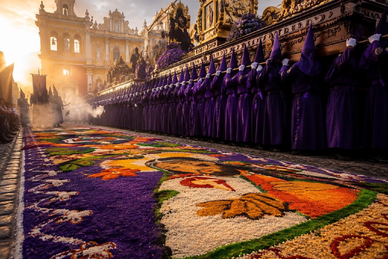 Colorful sawdust alfombras on a cobblestone street in Antigua Guatemala during Semana Santa with a religious procession float