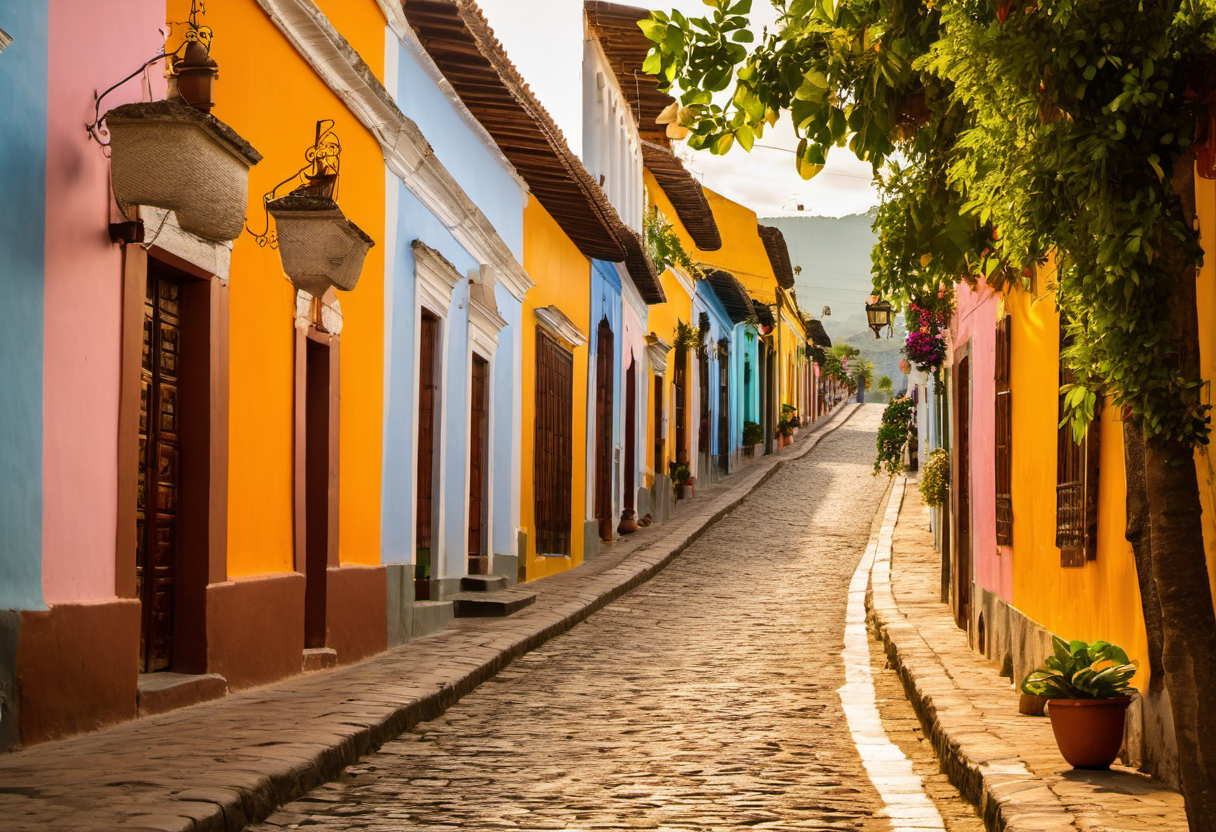 Colonial street in Antigua Guatemala with colorful buildings and cobblestone road