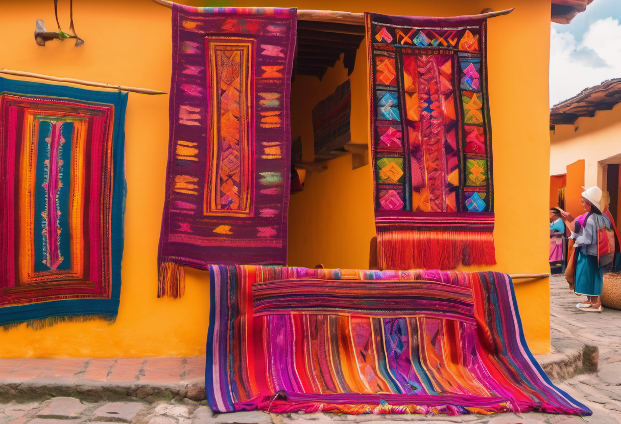 Colorful market scene in Antigua Guatemala with local crafts and warm light