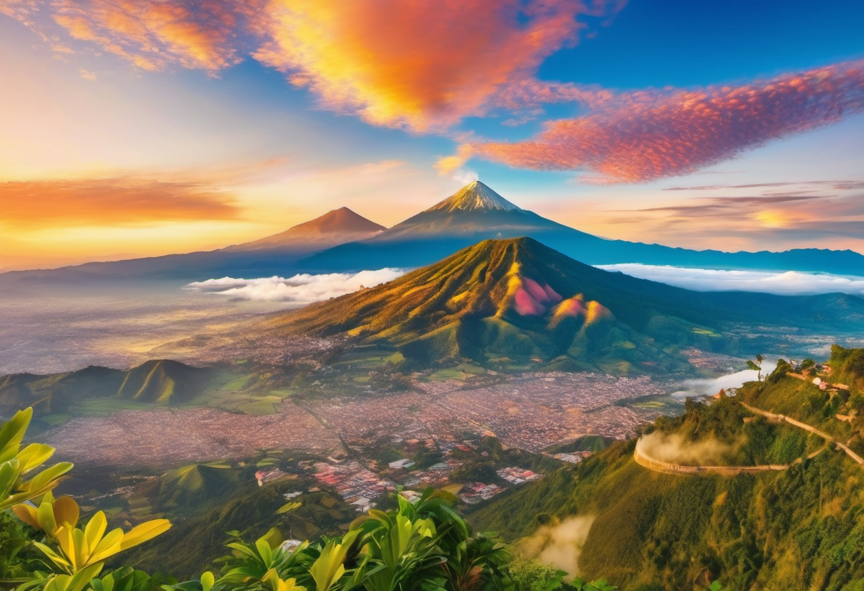Vista panorámica generada por IA del Volcán de Agua sobre los tejados de Antigua Guatemala