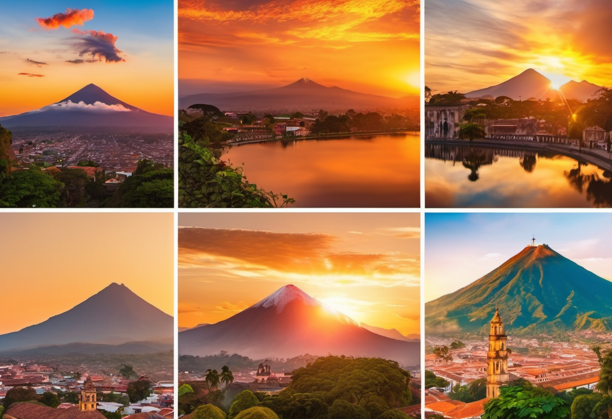 Golden sunset over Volcán de Agua seen from a terrace in Antigua Guatemala, warm light on colonial rooftops
