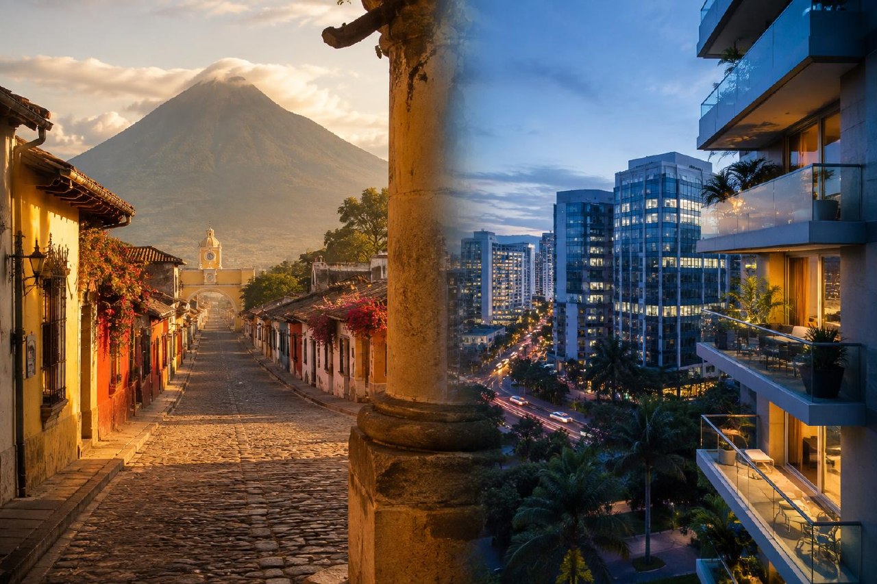 Split scene comparing colonial Antigua Guatemala with cobblestone streets and volcano backdrop versus modern Guatemala City high-rise district