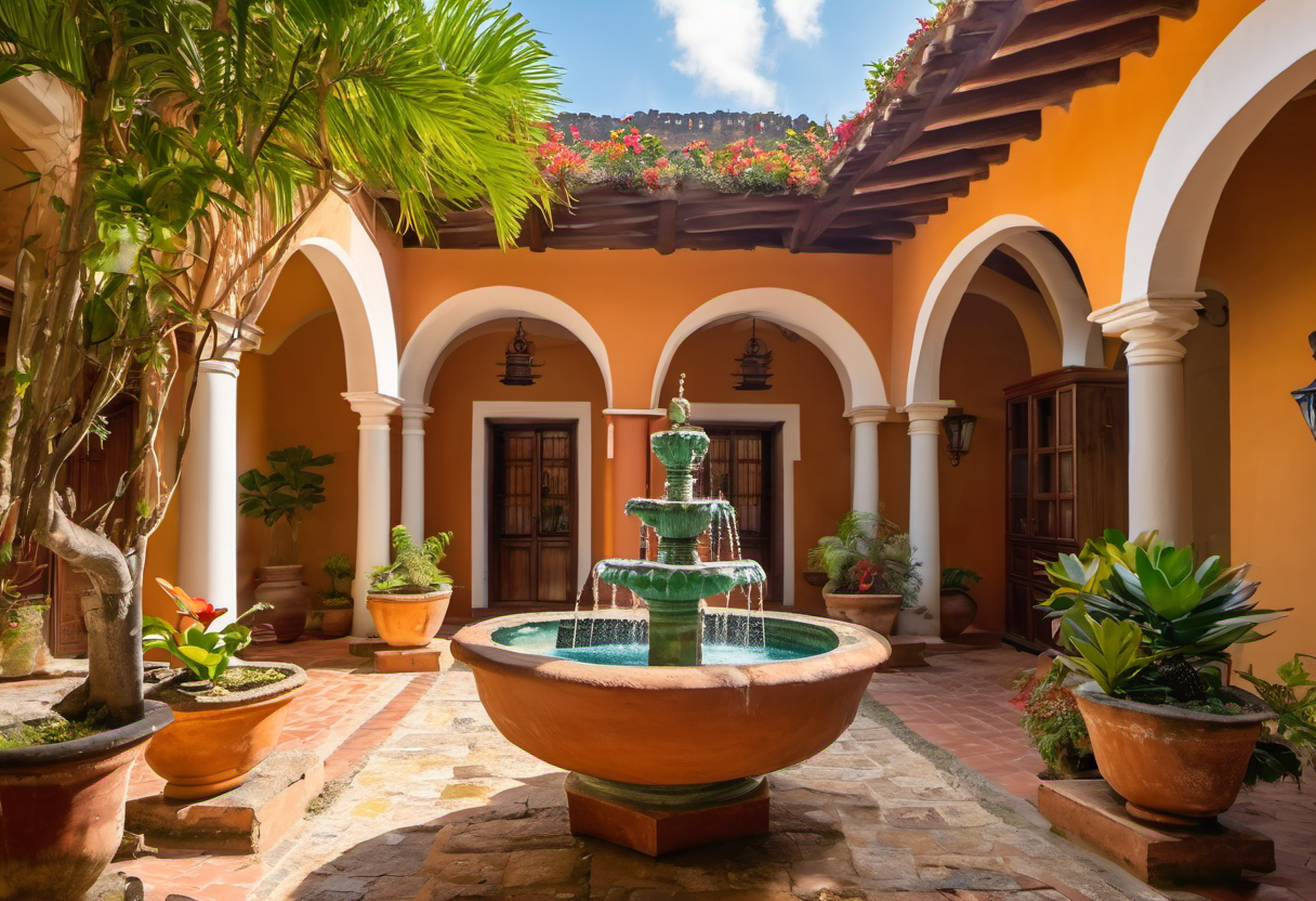 Edificios coloniales y calles empedradas en Antigua Guatemala con volcán de fondo