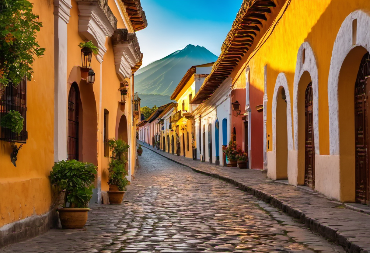 Arquitectura colonial colorida en Antigua Guatemala con cielo azul y plantas verdes