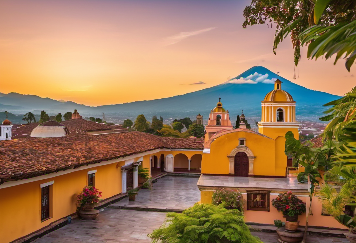 Colorful colonial courtyard in Antigua Guatemala with lush tropical plants and garden