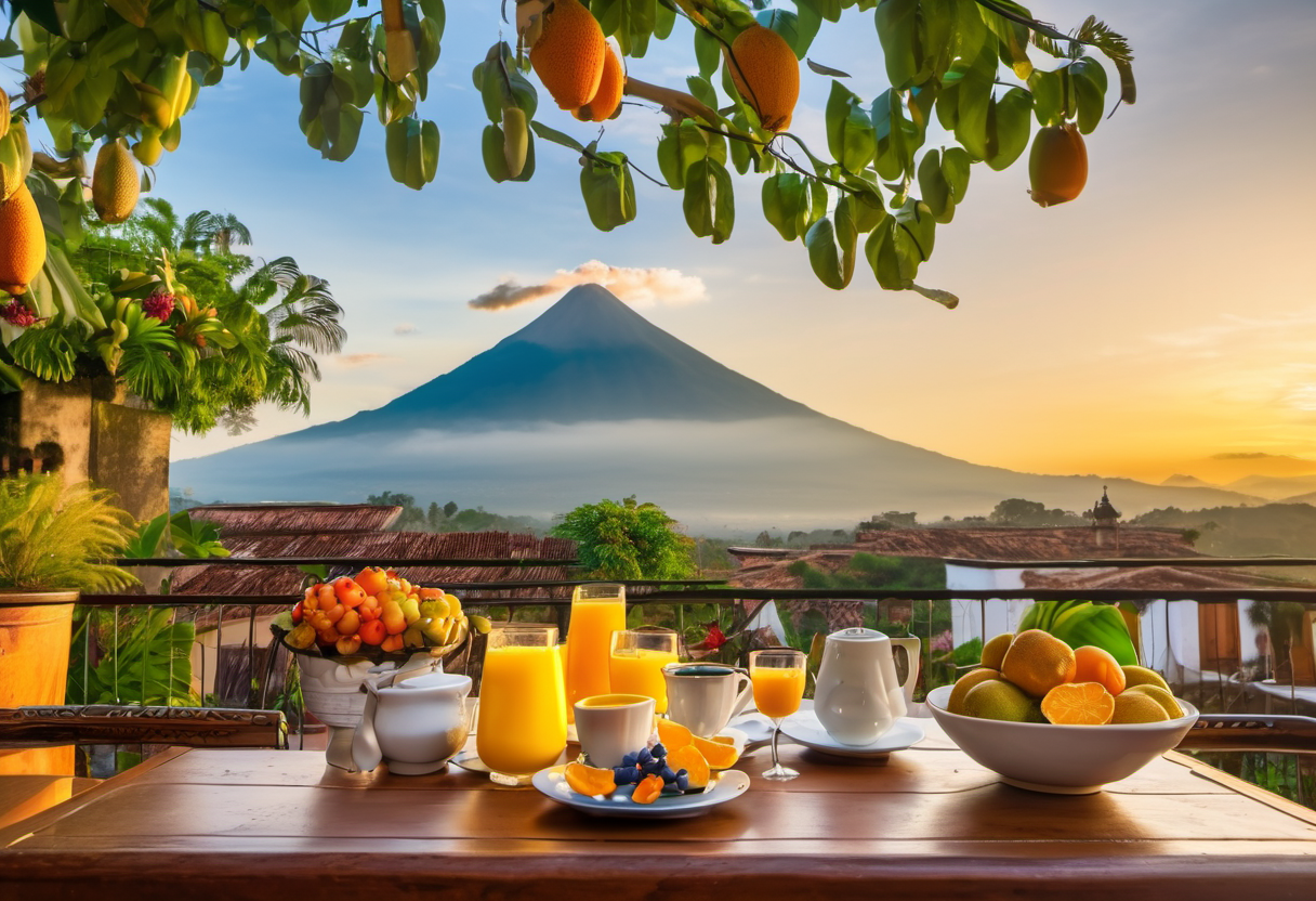 Colonial courtyard with fountain and tropical plants in Antigua Guatemala