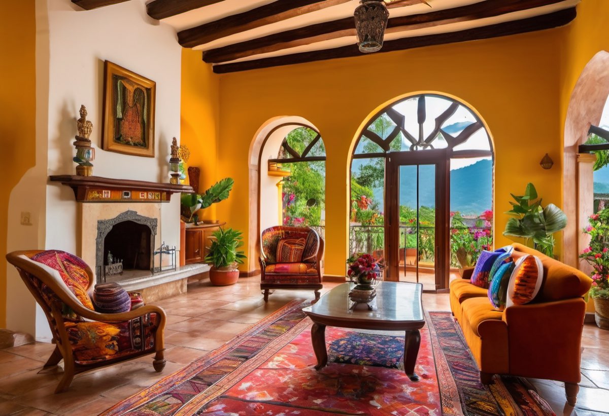 Colonial home courtyard in Antigua Guatemala with fountain and bougainvillea