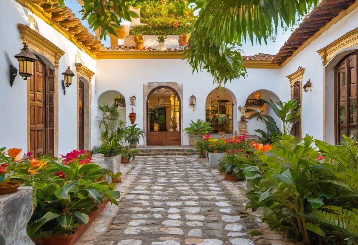 Colorful colonial courtyard home in Antigua Guatemala with flowering bougainvillea and traditional Spanish tile fountain