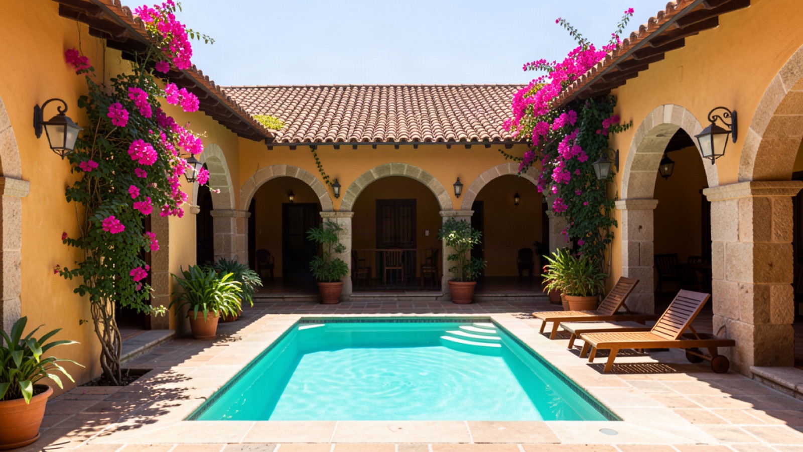 Sunlit colonial boutique hotel courtyard with a turquoise plunge pool, arched stone corridors, ochre walls and magenta bougainvillea in Antigua Guatemala