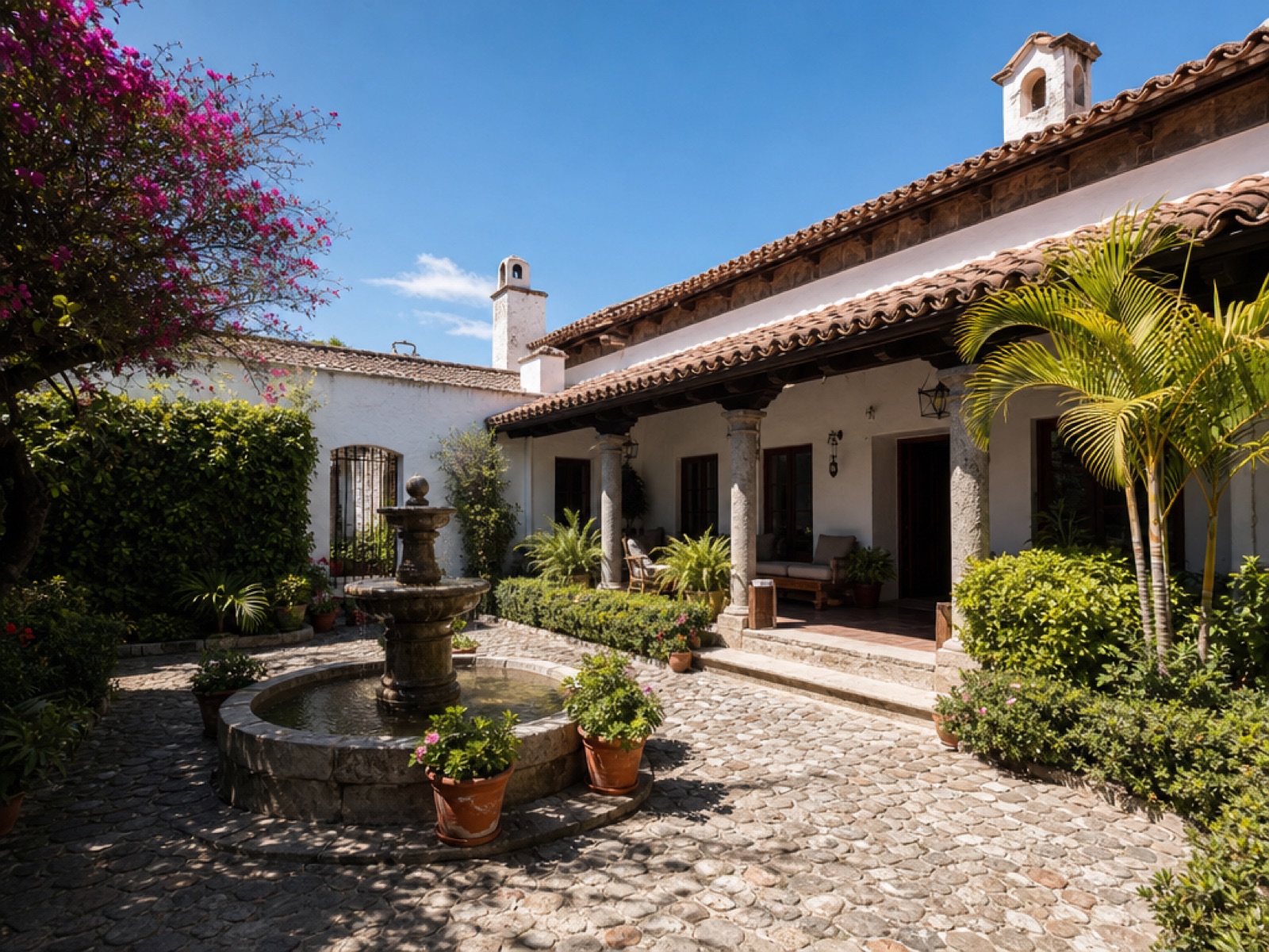 Sunlit colonial courtyard house with fountain and bougainvillea in Antigua Guatemala