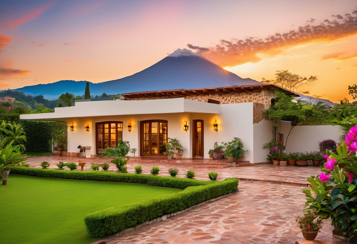 Custom home under construction in Antigua Guatemala with colonial architecture and volcano views