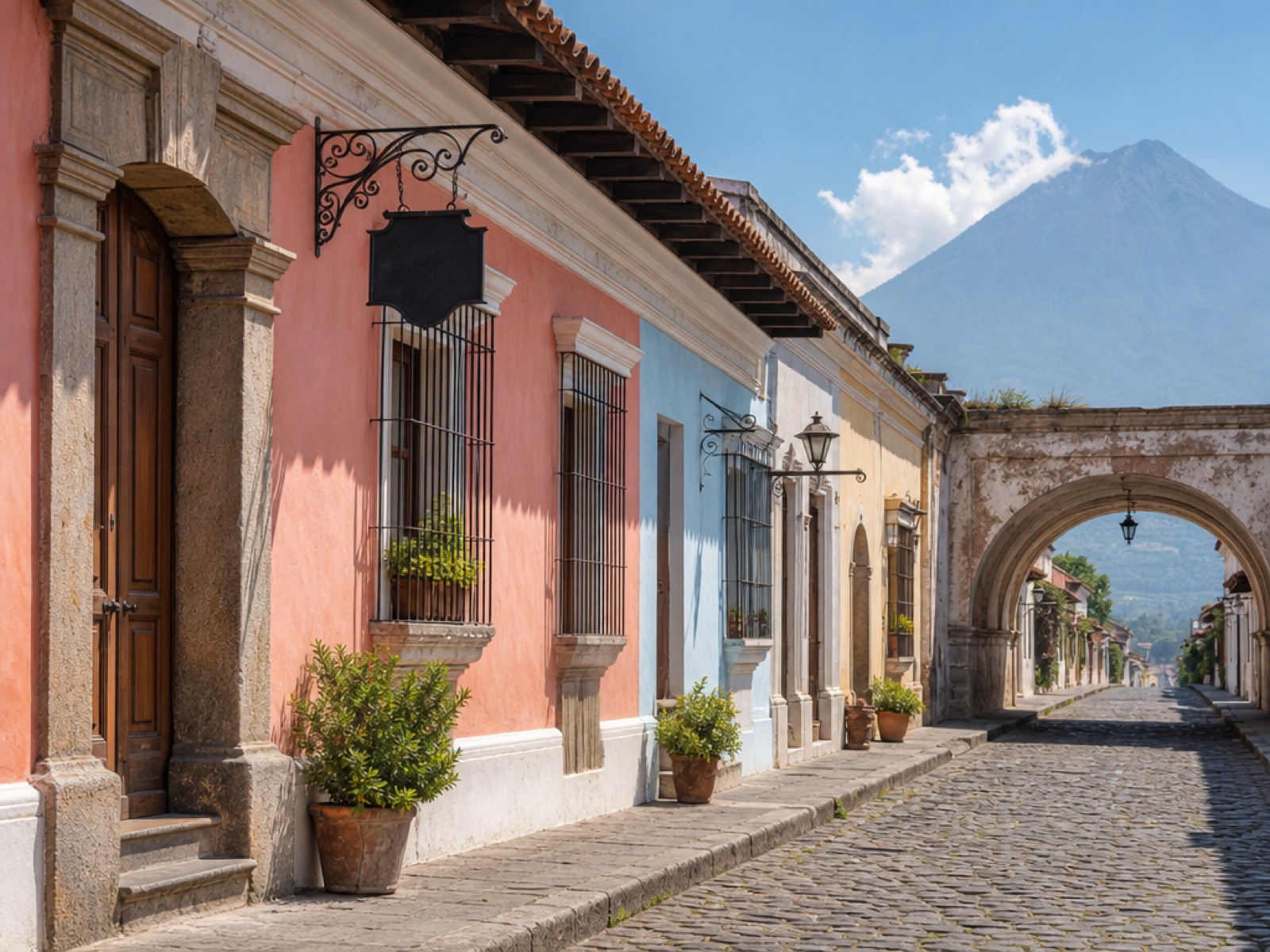 Pastel colonial storefronts with tall wooden doors, wrought-iron window grilles and a stone archway on a cobblestone street in Antigua Guatemala