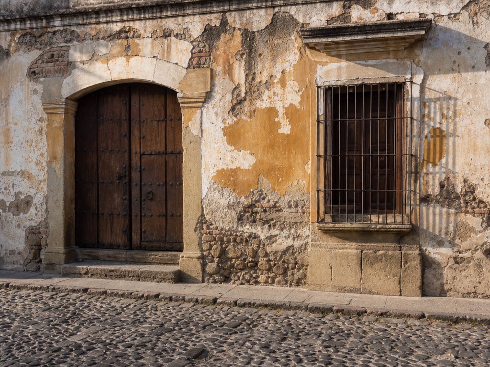 A weathered colonial building facade in Antigua Guatemala with peeling ochre plaster, an aged studded wooden door and a barred window above a cobblestone street in morning light