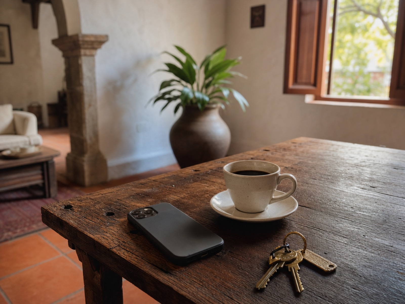 A smartphone, a cup of coffee and a set of house keys on a rustic wooden desk inside a colonial Antigua Guatemala home with terracotta tiles and a shuttered window behind