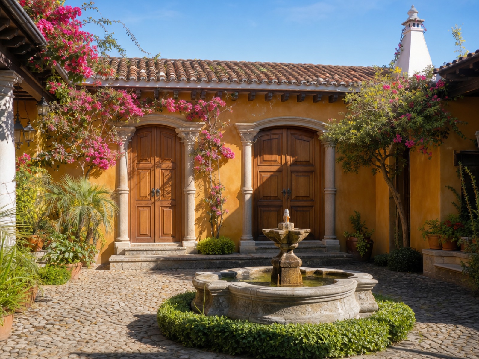 Colonial courtyard house in Antigua Guatemala with a stone fountain and arched wooden doors in morning light