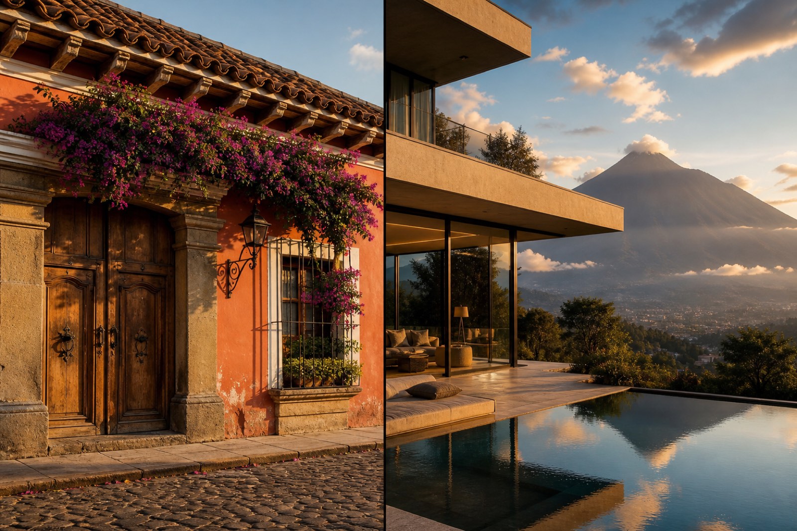Split view of colonial Antigua facade with bougainvillea and modern glass home with mountain view