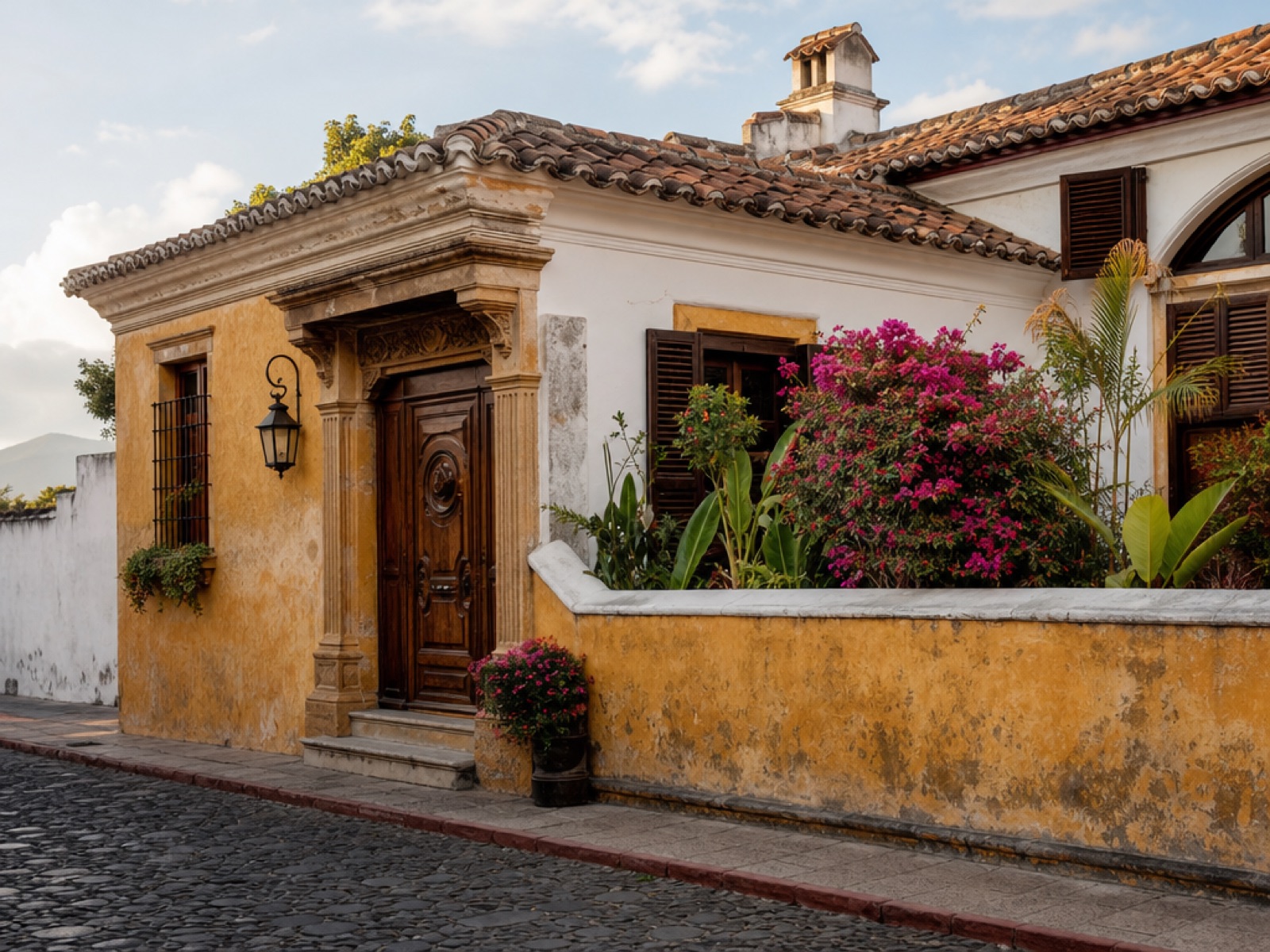 Colonial Antigua Guatemala townhouse facade with terracotta roof tiles and a walled garden of bougainvillea on a cobblestone street