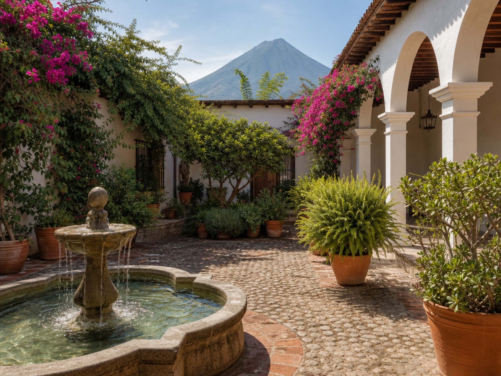 Colonial courtyard garden in Antigua Guatemala with bougainvillea over white walls, terracotta pots, a stone fountain and Volcán de Agua in the background