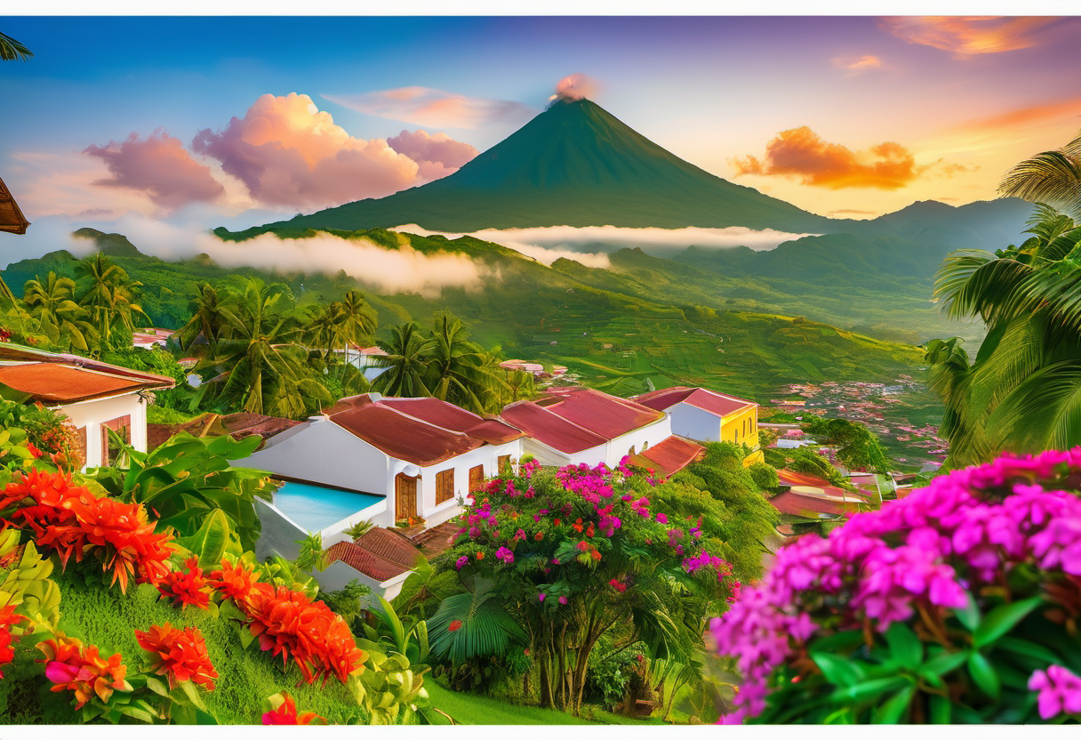 Scenic valley view with colonial town and volcanoes near Antigua Guatemala