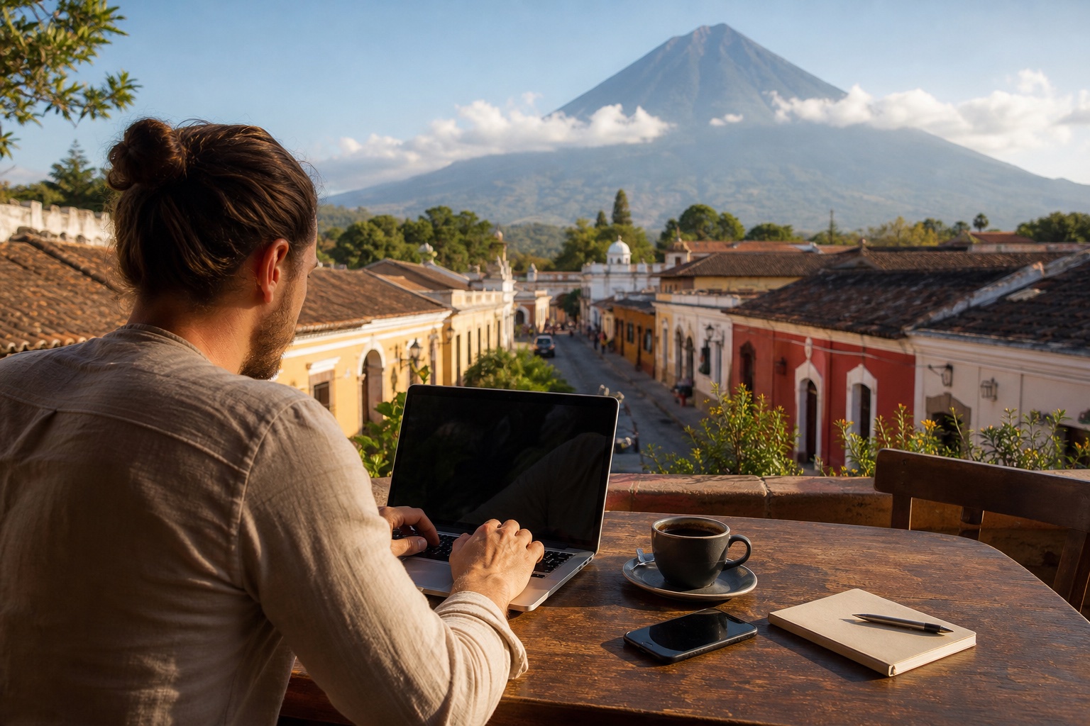 Digital nomad working on a laptop at a rooftop cafe in Antigua Guatemala with Volcán de Agua in the background